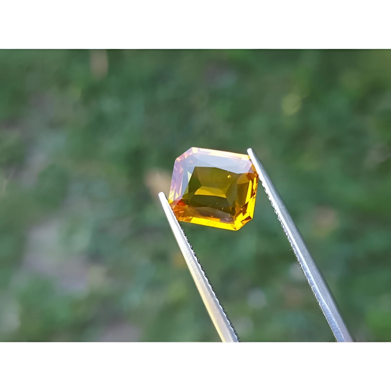 2.96 ct. natural yellow Madeira sapphire, radiant cut, held by tweezers against a green background.