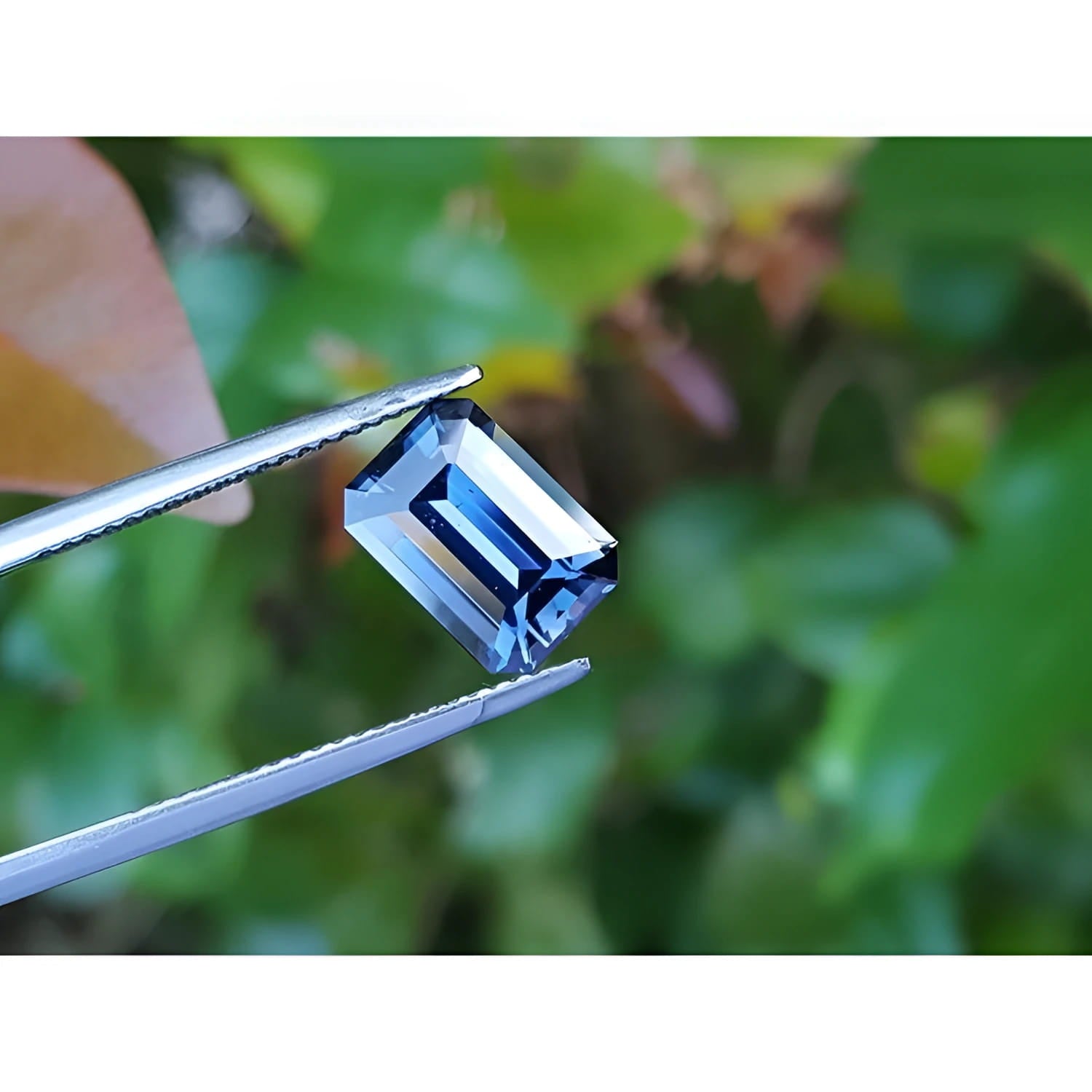 3.90 ct untreated GIA certified rectangular emerald-cut blue sapphire held by tweezers, with green foliage background.