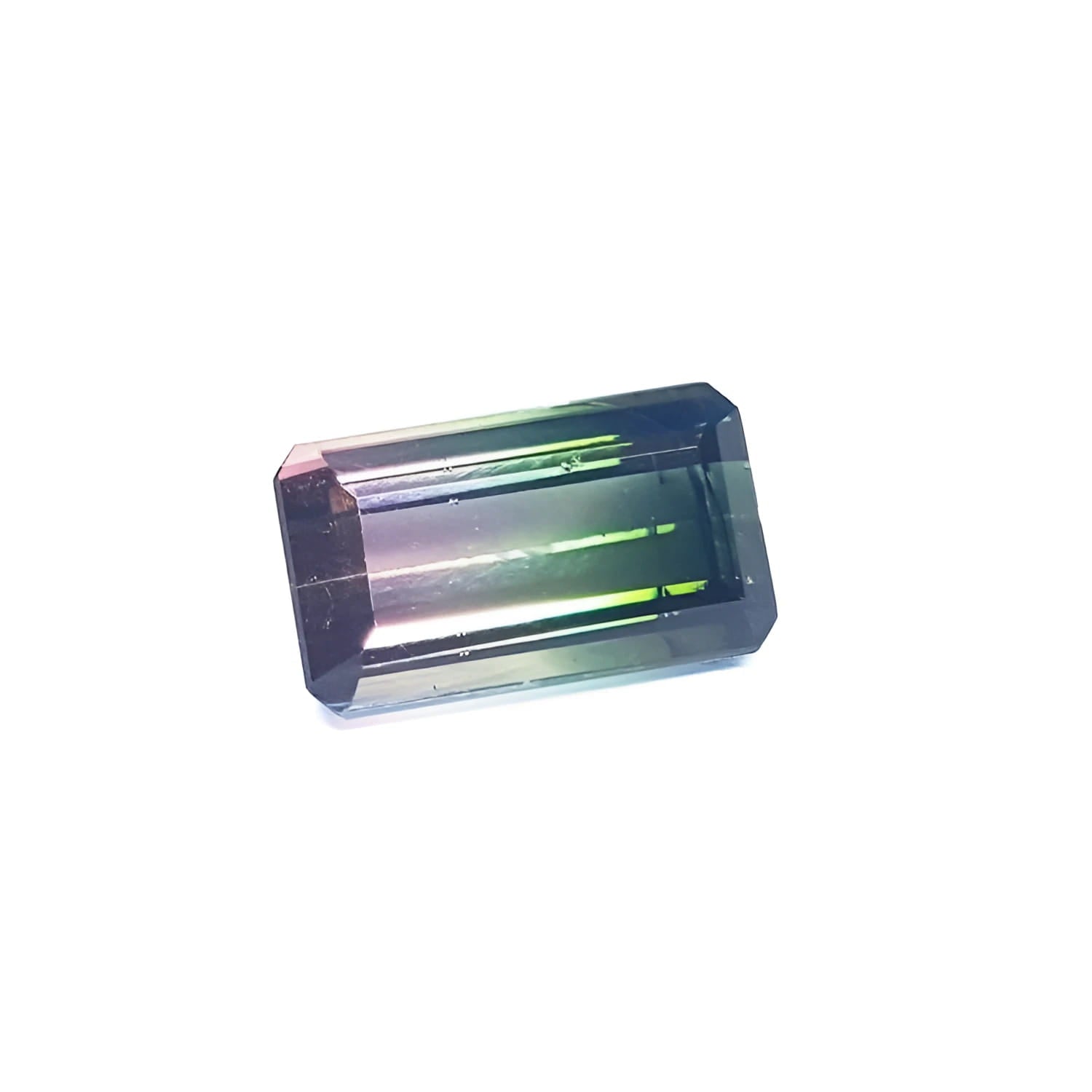 3.20 ct. emerald-cut loose watermelon Brazilian tourmaline gemstone with sparkling green and soft pink hues.