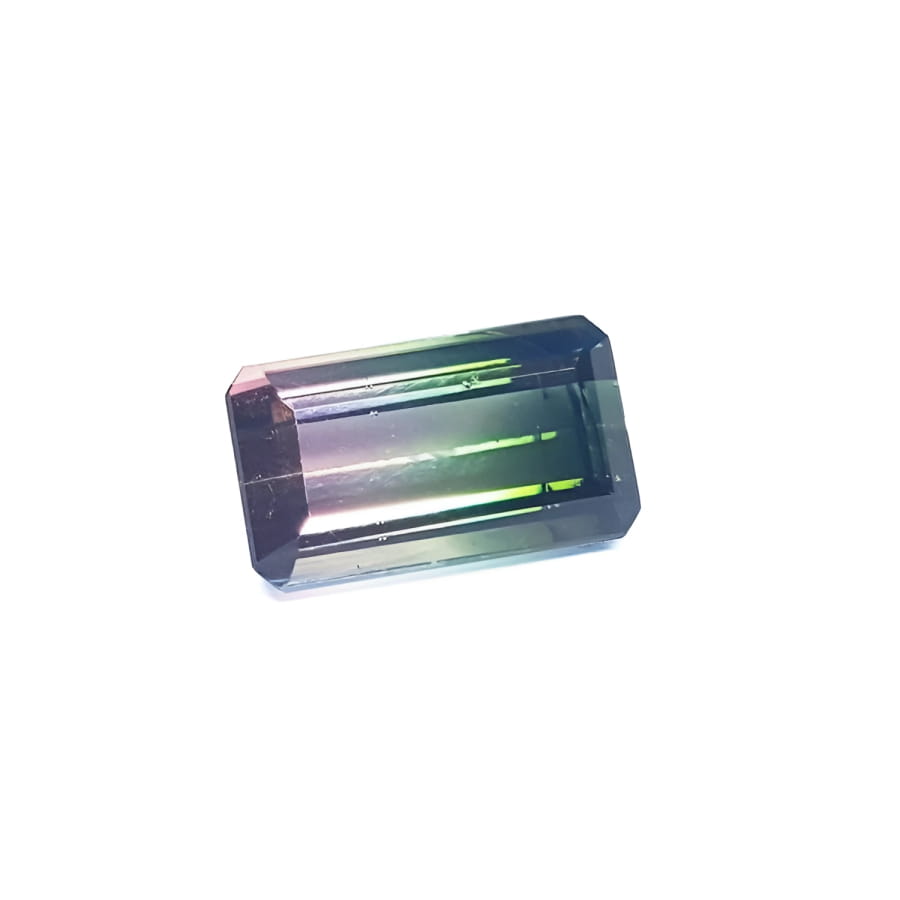 3.20 ct. emerald-cut loose watermelon Brazilian tourmaline gemstone with sparkling green and soft pink hues.