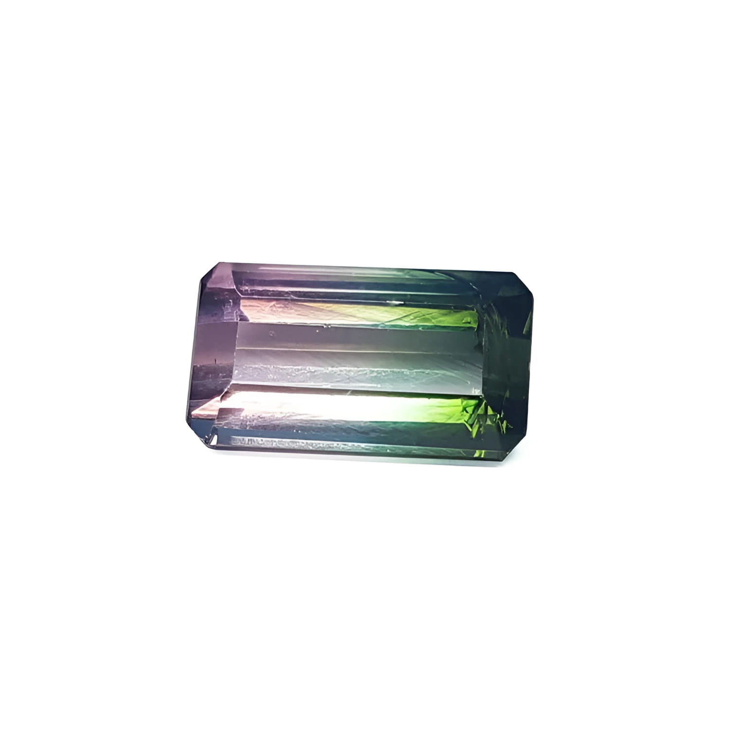 3.20 ct. loose Brazilian watermelon tourmaline, emerald cut, with strong green and soft pink hues.