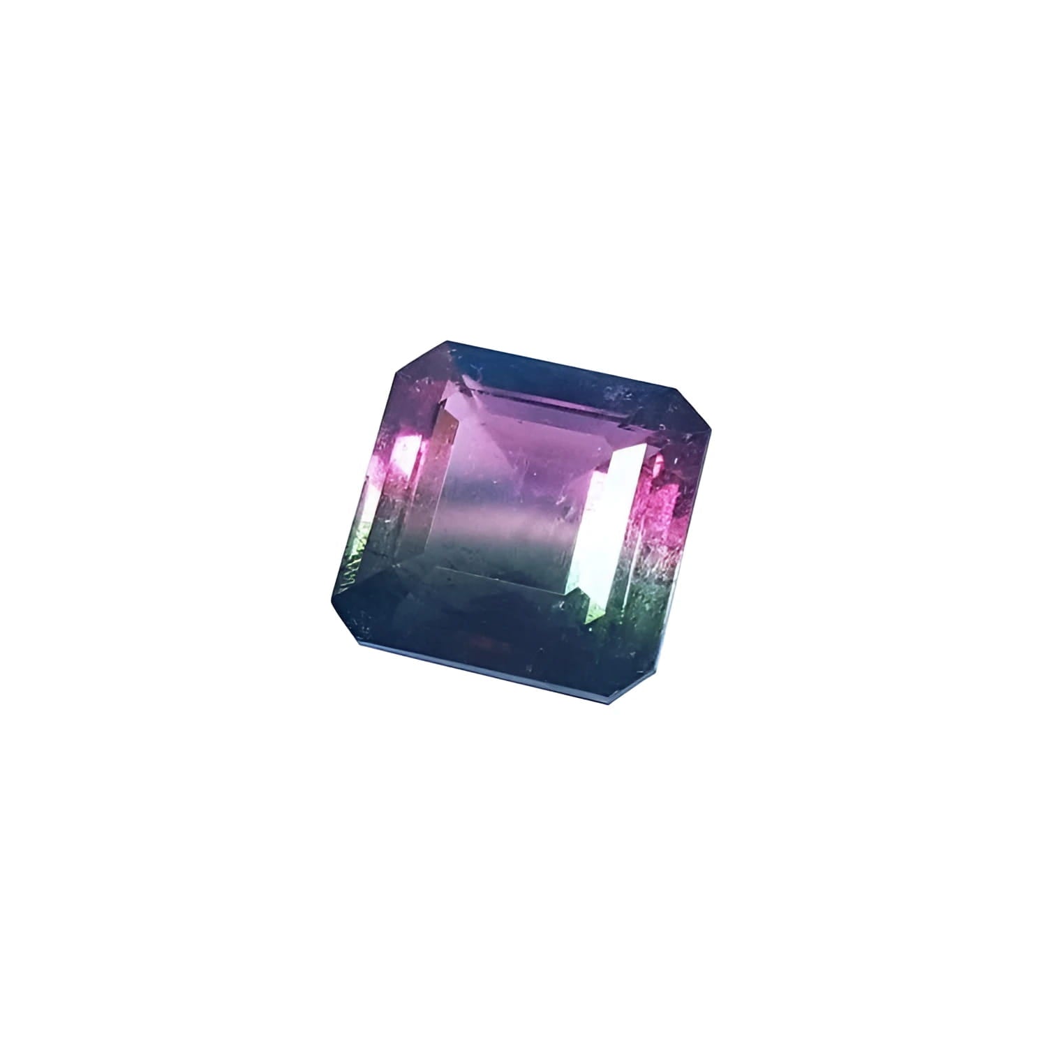 7.75 ct. emerald-cut Brazilian watermelon tourmaline gemstone with vibrant red-orange and deep bluish-green bicolor.