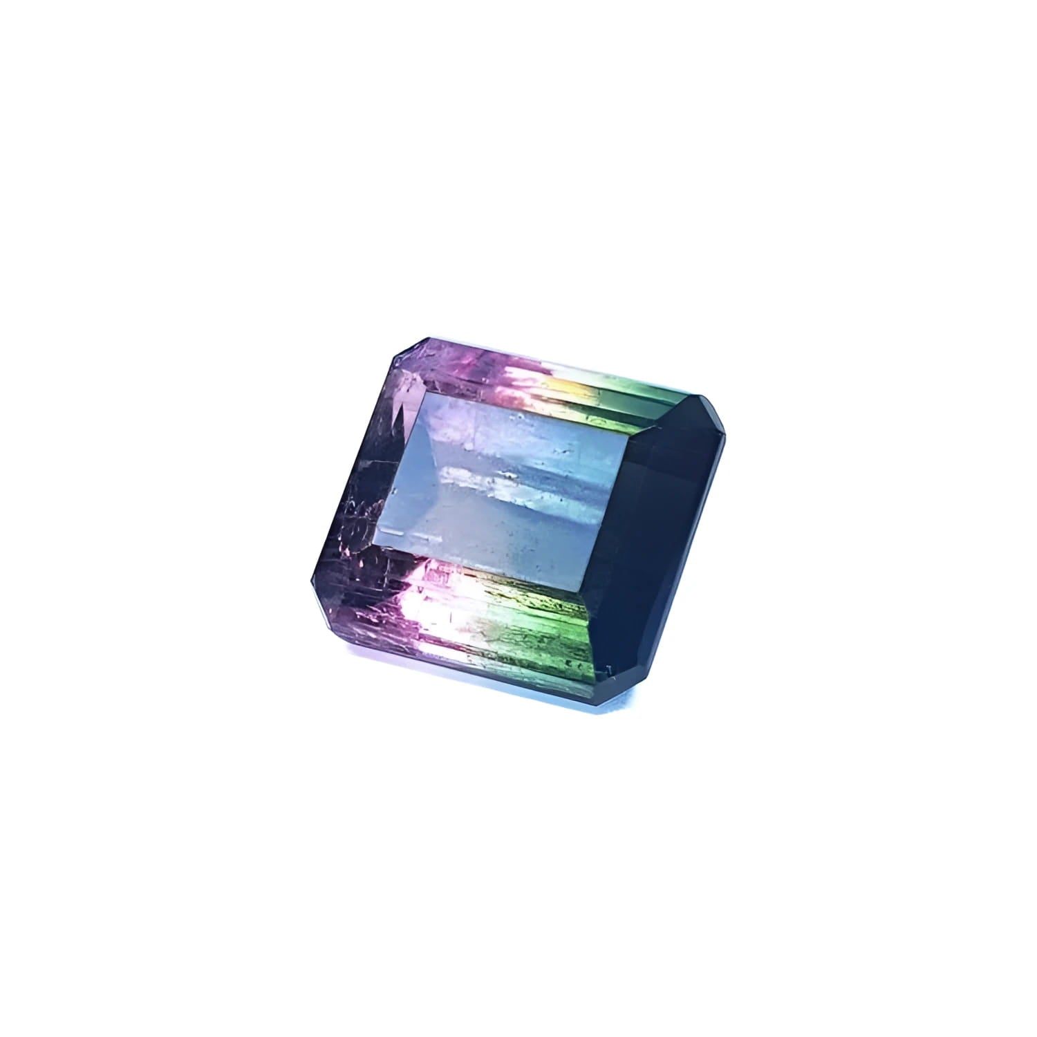 Loose 6.55 ct. emerald-cut watermelon tourmaline gemstone, displaying red, green, and blue hues.