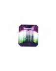 Rectangular purple and green tormaline with a forest scene inside on a white background.