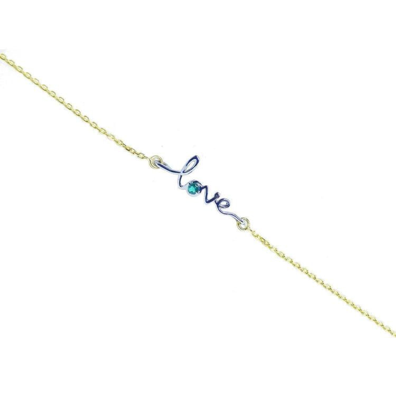 Emerald Love Bracelet: 14K yellow gold chain with "love" in white gold, featuring a round cut emerald.
