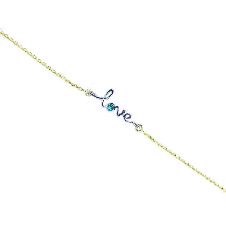 Emerald Love Bracelet: 14K yellow gold chain with "love" in white gold, featuring a round cut emerald.