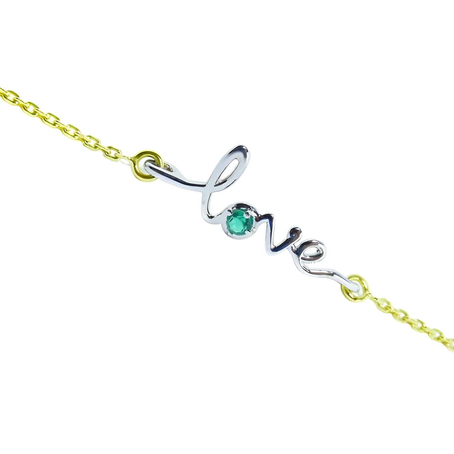 A bracelet with 'LOVE' center piece featuring a round cut emerald crafted in 14k gold.