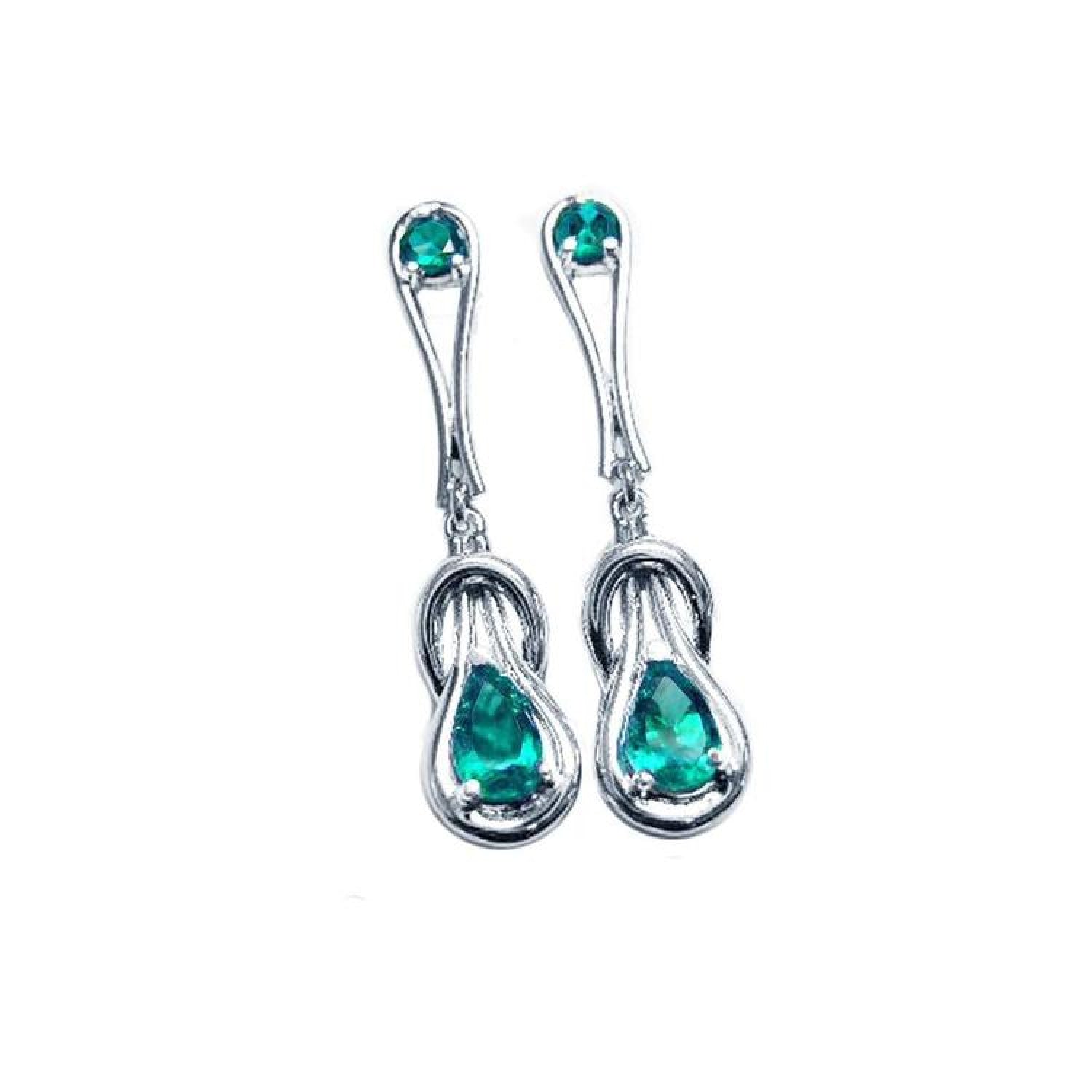 Pair of 14K white gold love knot emerald drop earrings with pear-shaped Muzo Colombian emeralds.