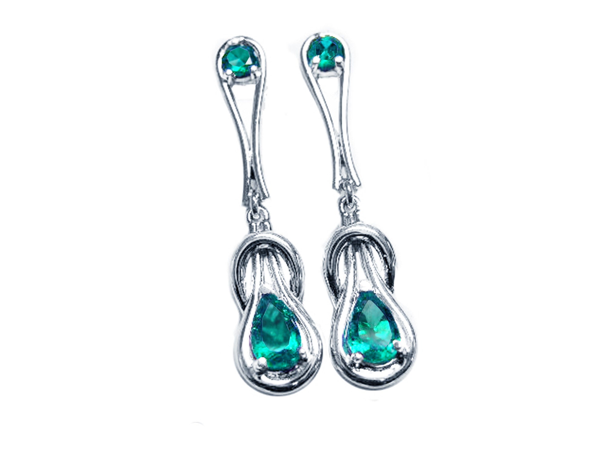 pair of pear shaped Love Knot emerald earrings in white gold, front side position top view