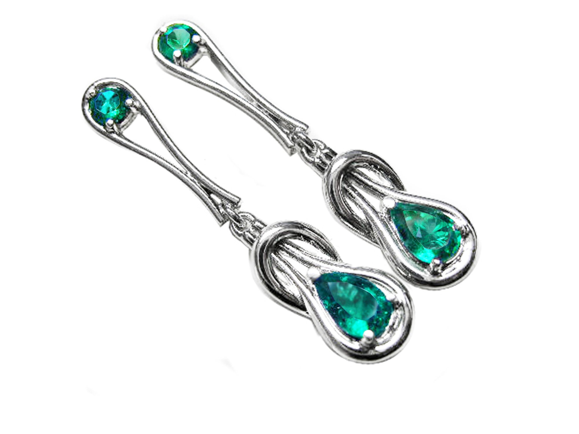 Pair of Love Knot emerald earrings pear cut in white gold on a white background