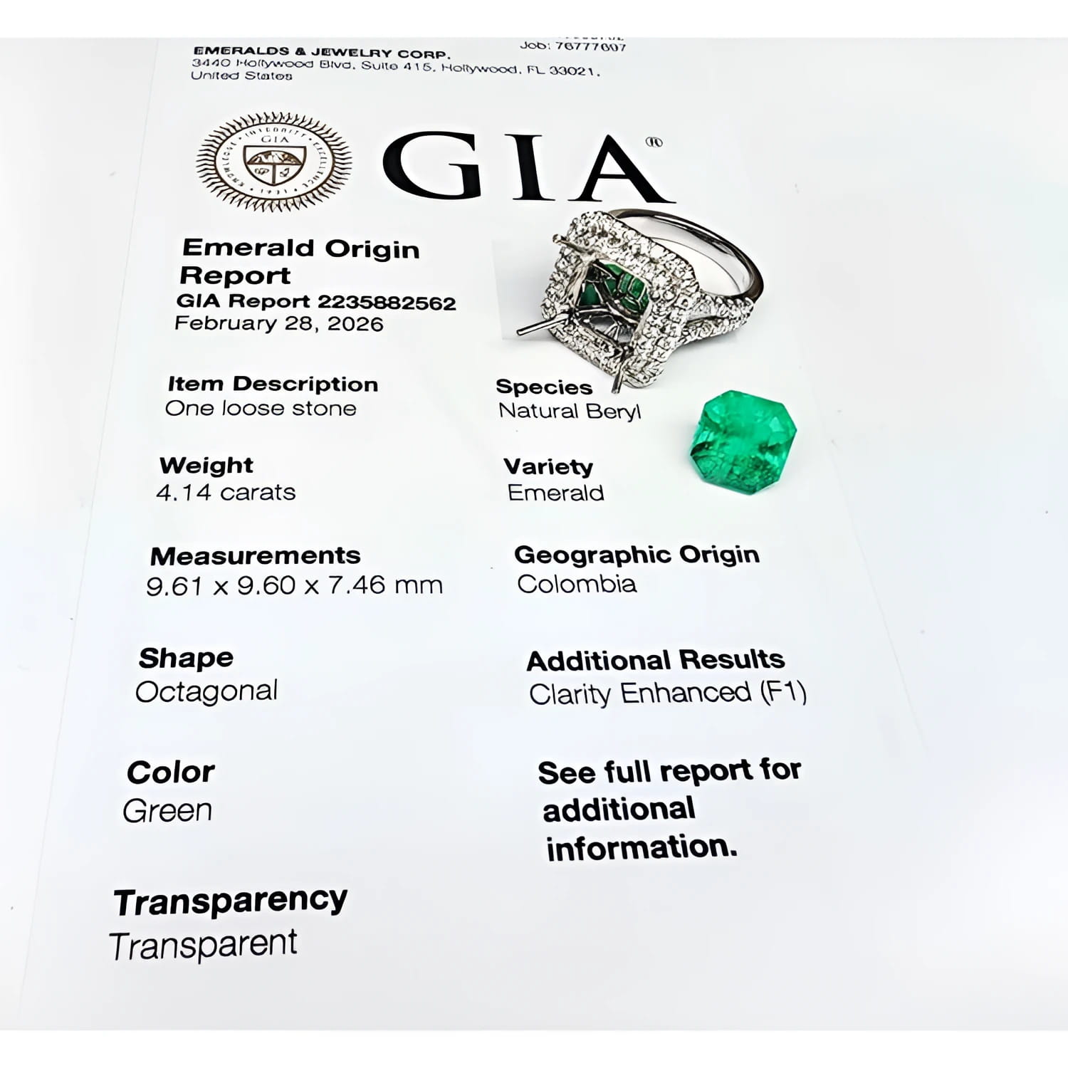 GIA report for a 4.14 ct F1 Colombian emerald ring in 14K white gold, with a loose emerald.