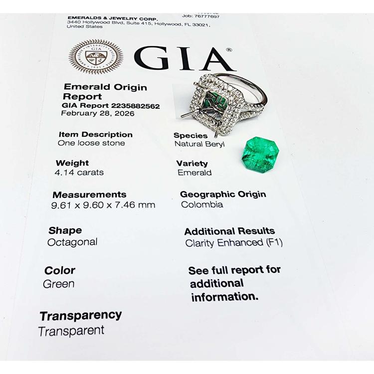 GIA report for a 4.14 ct F1 Colombian emerald ring in 14K white gold, with a loose emerald.
