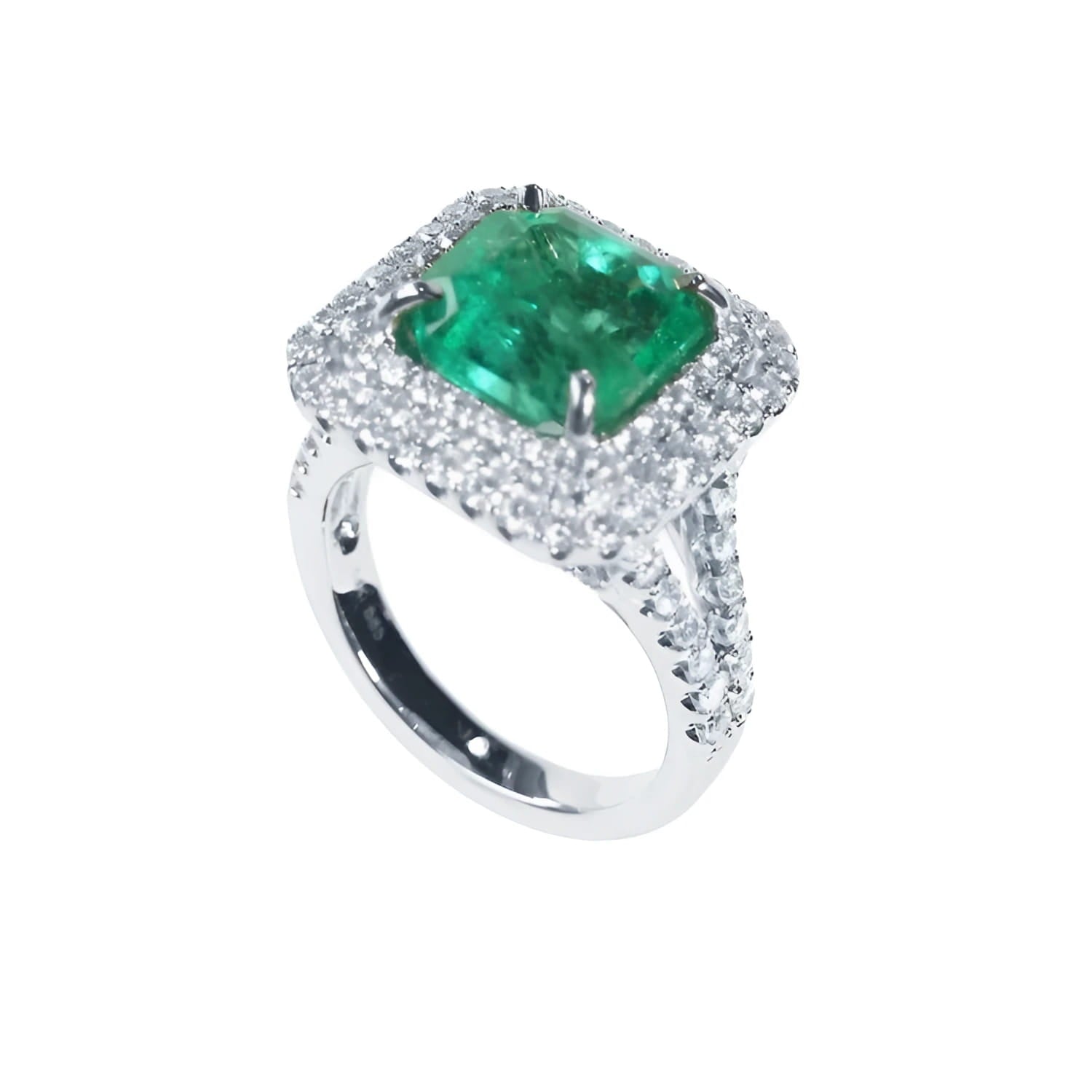 4.14 ct GIA-certified F1 Colombian emerald ring with diamonds in 14K white gold.