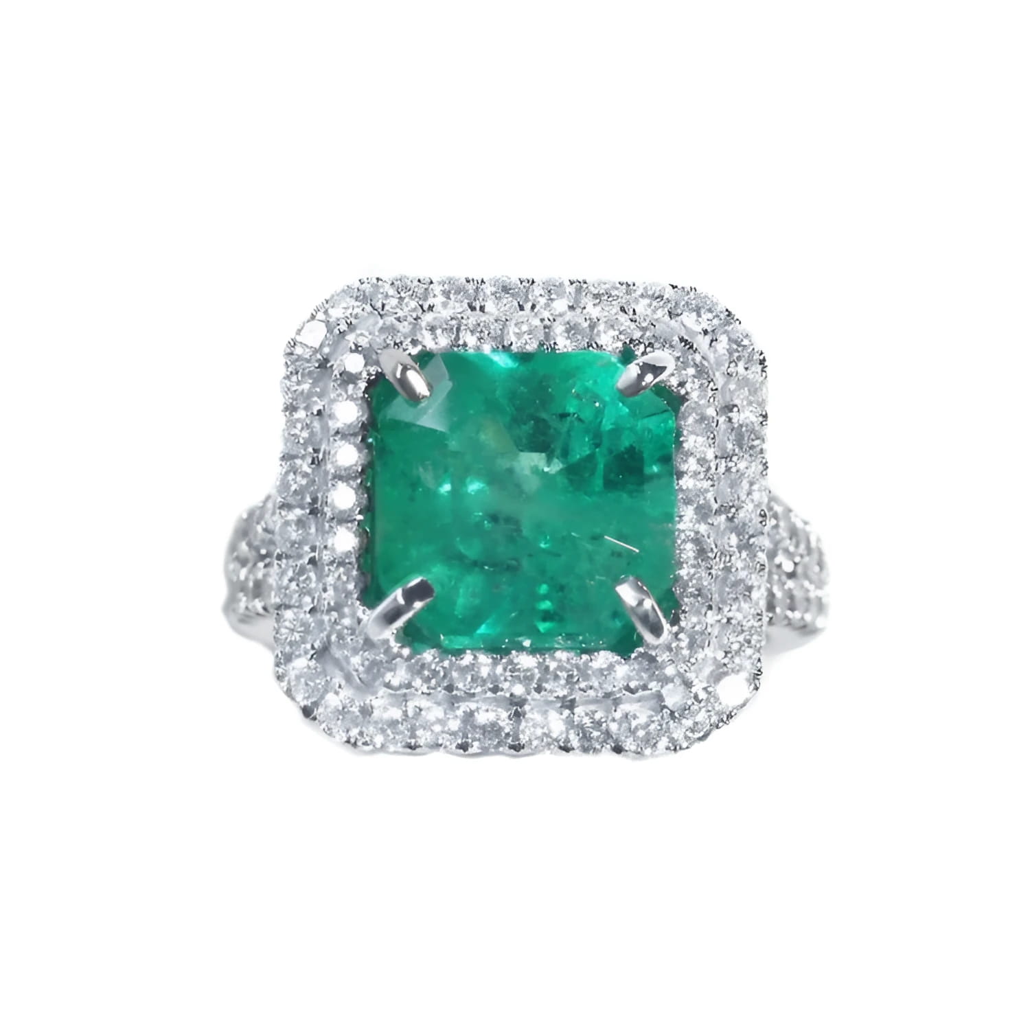 4.14 ct GIA F1 Colombian emerald ring with diamond halo and band in 14K white gold.