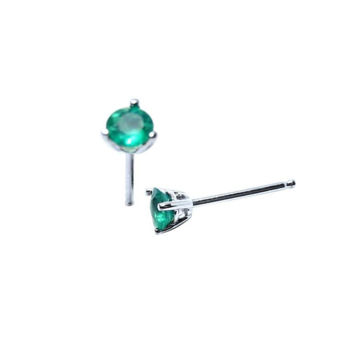 Pair of Martini emerald stud earrings with round green emeralds in 14K white gold, three-prong setting.