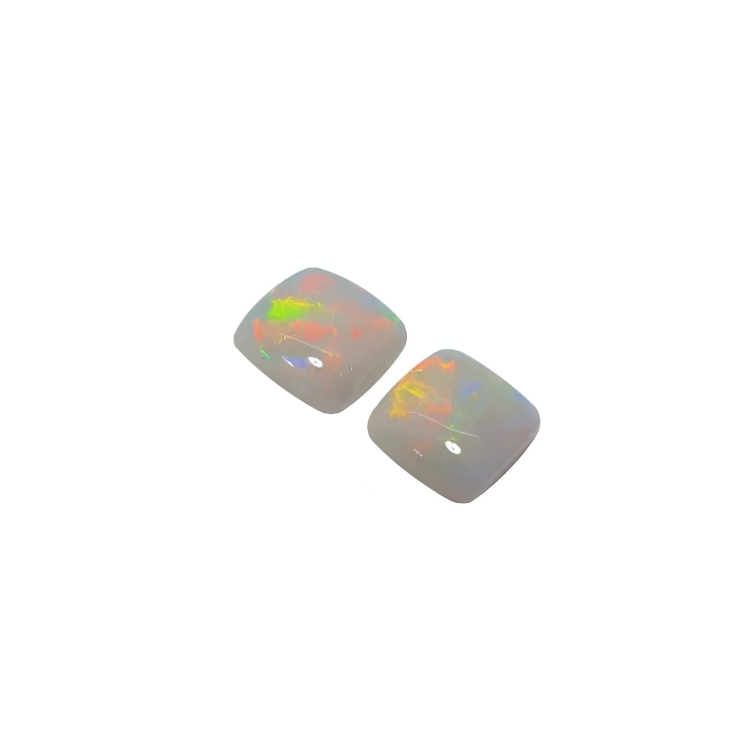 Pair of 5.45 ct. Australian solid square-cut opals with multicolor, flashing red-orange display.