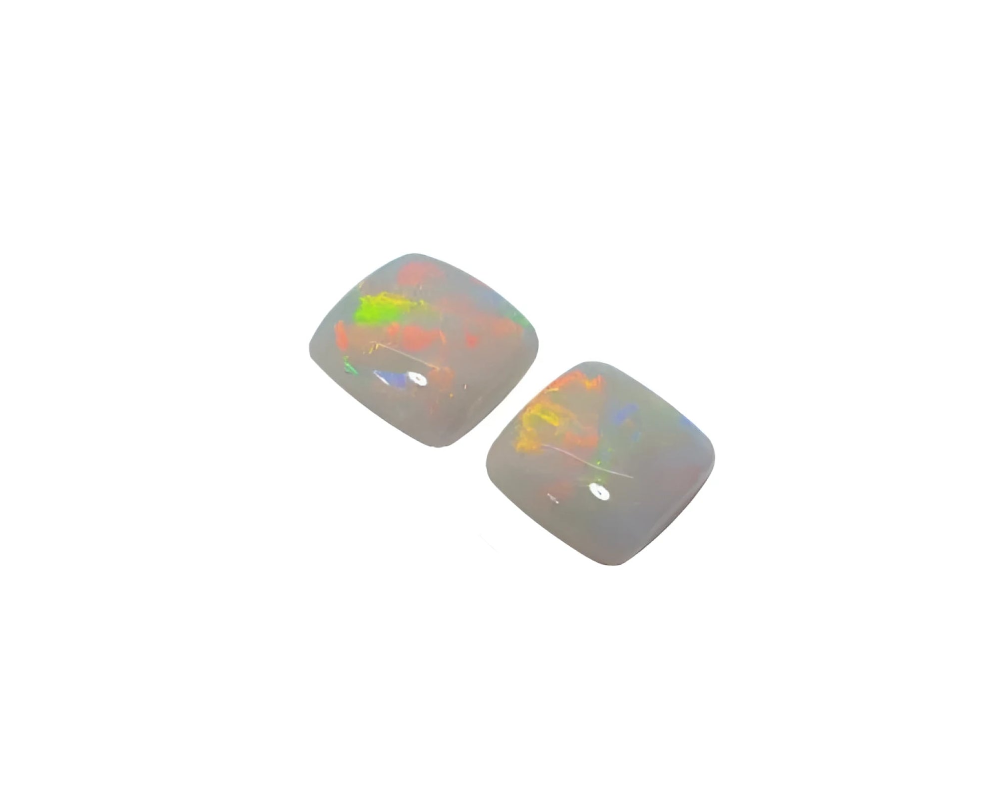 Pair of 5.45 ct. Australian solid square-cut opals with multicolor, flashing red-orange display.