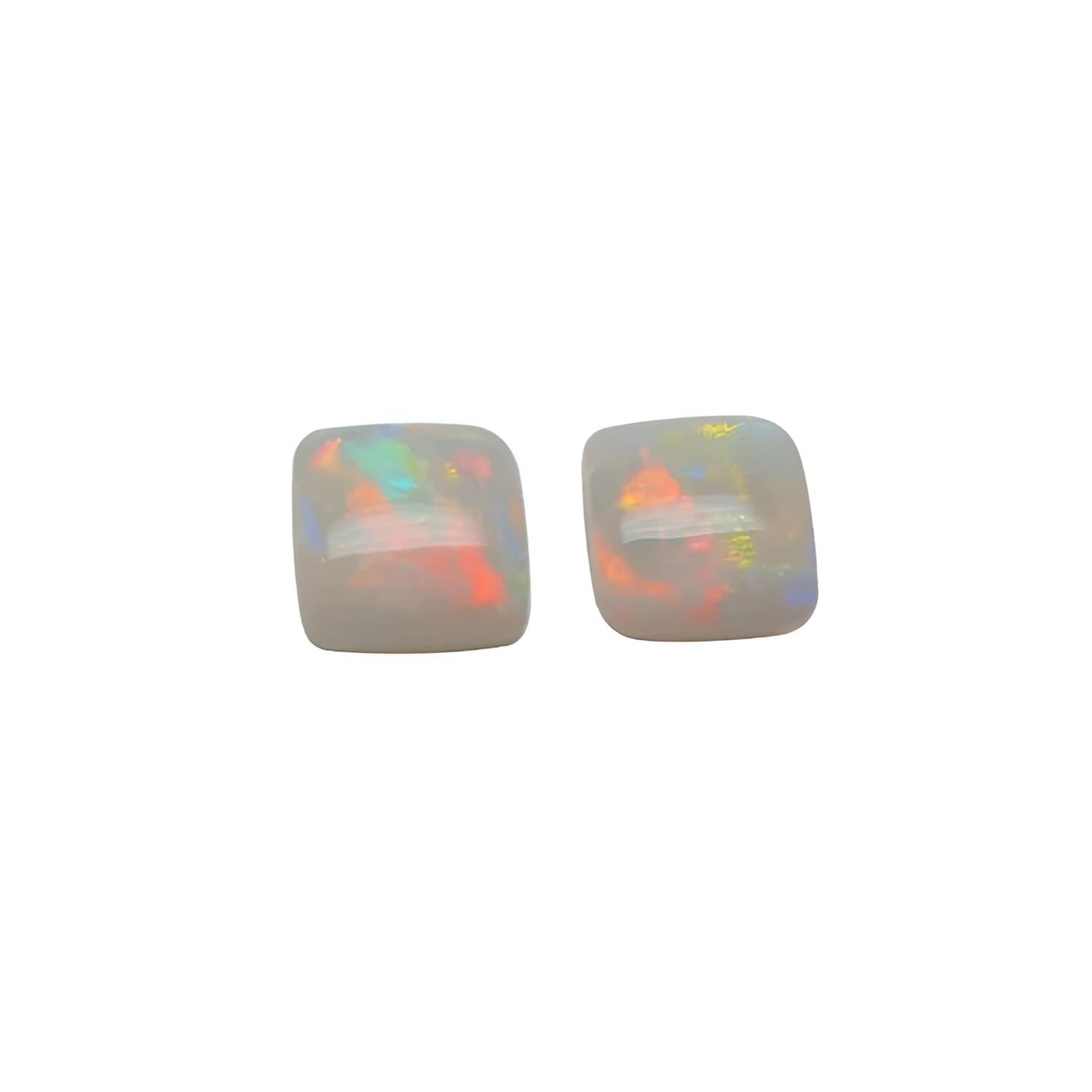 Pair of 5.45 ct. Australian loose solid square-cut opals with multicolor display, flashing red-orange.
