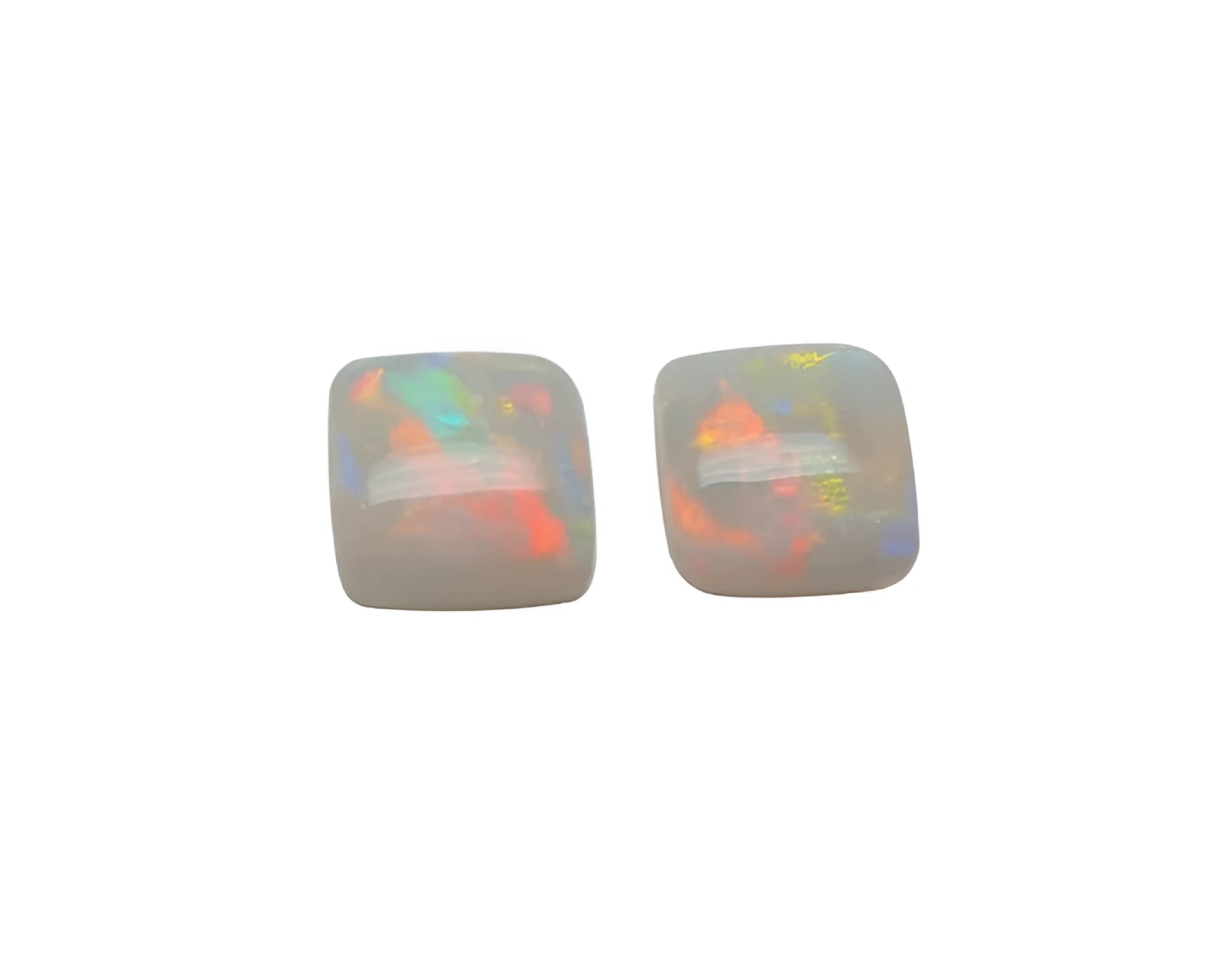 Pair of 5.45 ct. Australian loose solid square-cut opals with multicolor display, flashing red-orange.