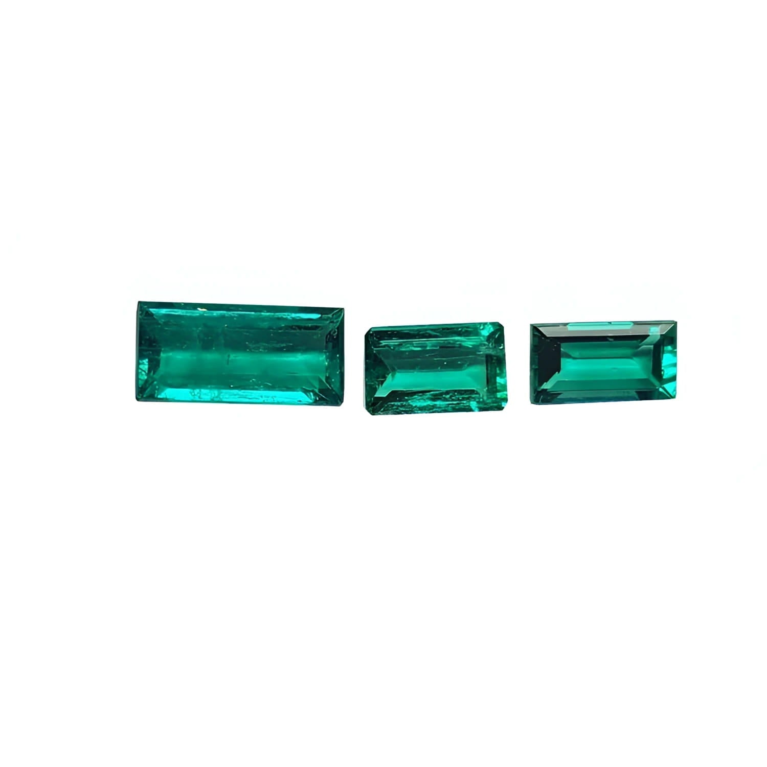 Matched trio set natural loose colombian emeralds baguette cut, beautiful vibrant deep bluish green color.