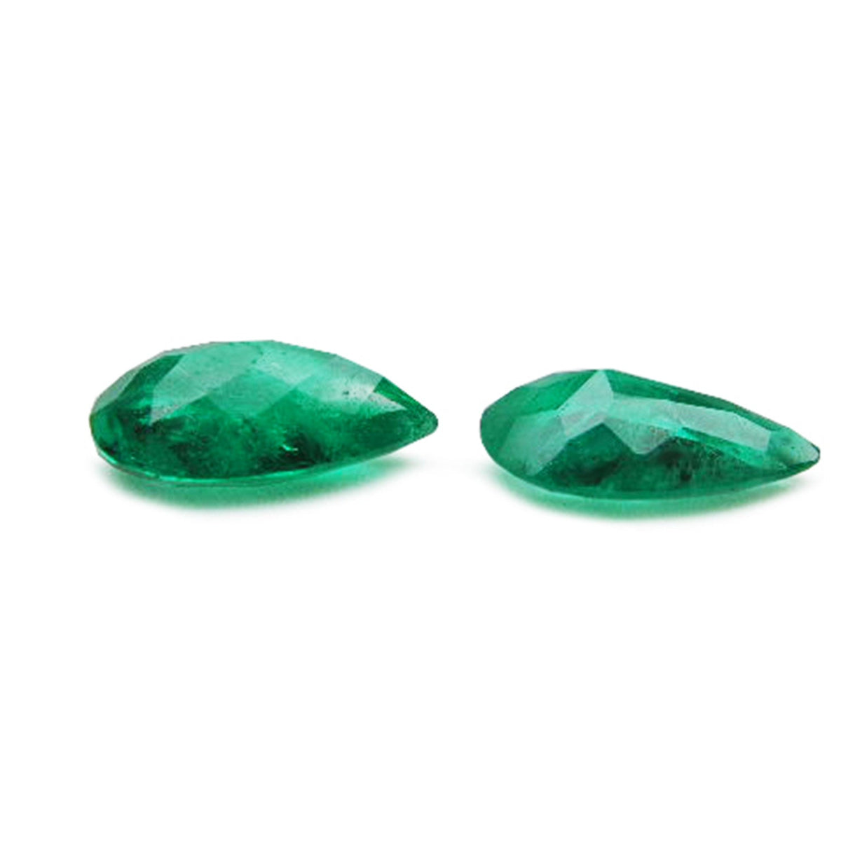 Matched pair set loose emeralds pear cut 3.62 ct. upside down pavilion view