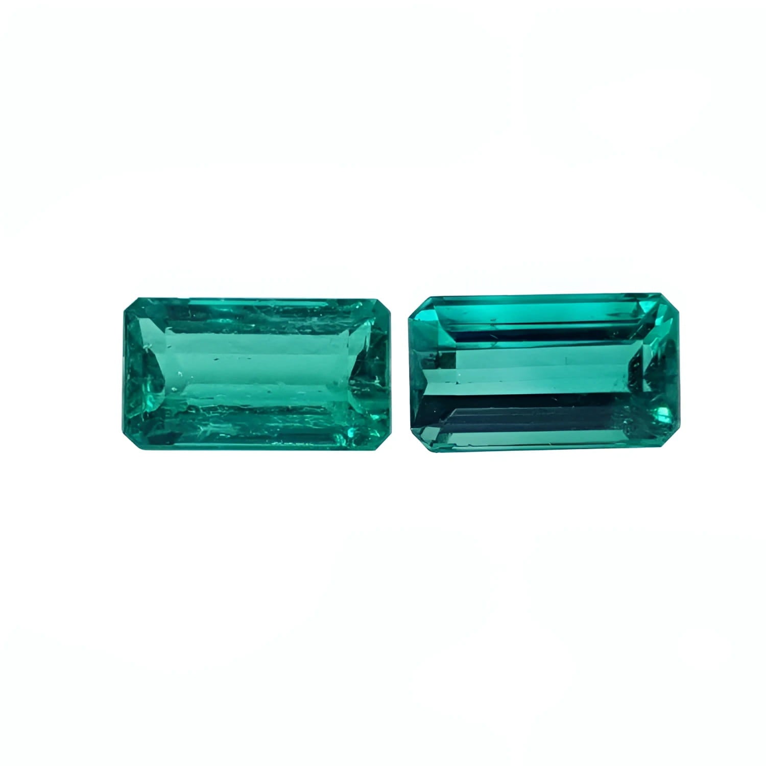 Emerald-cut matching pair loose emeralds from Muzo Colombia, for high quality earrings.