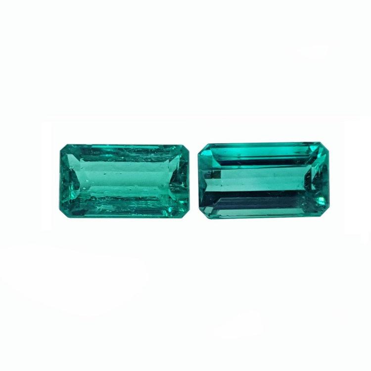 Emerald-cut matching pair loose emeralds from Muzo Colombia, for high quality earrings.