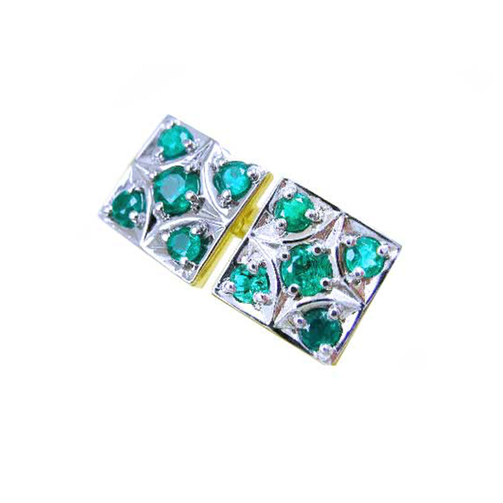 Pair of natural emerald cufflinks topside profile view on a white background