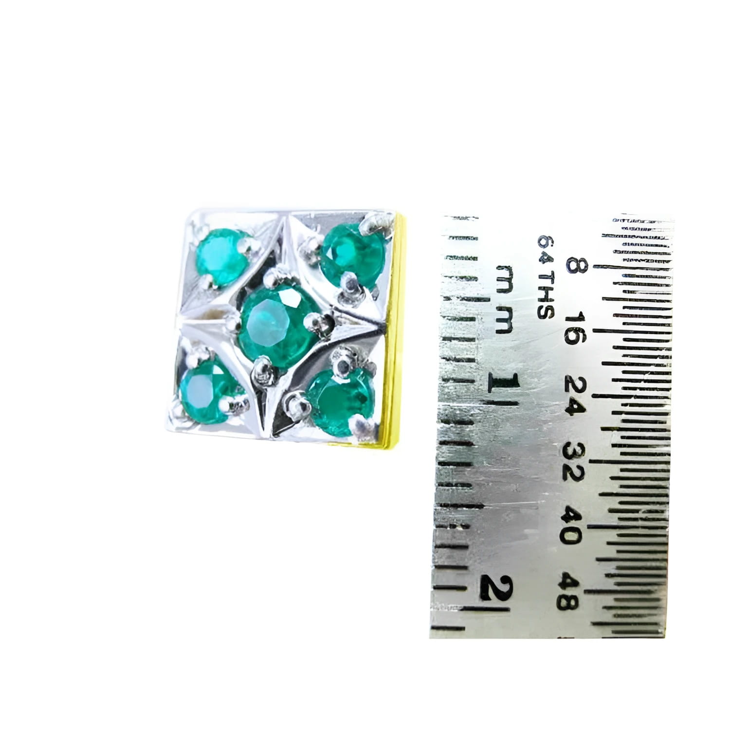 14K yellow gold cufflinks with five round emeralds, square design, shown next to a ruler.