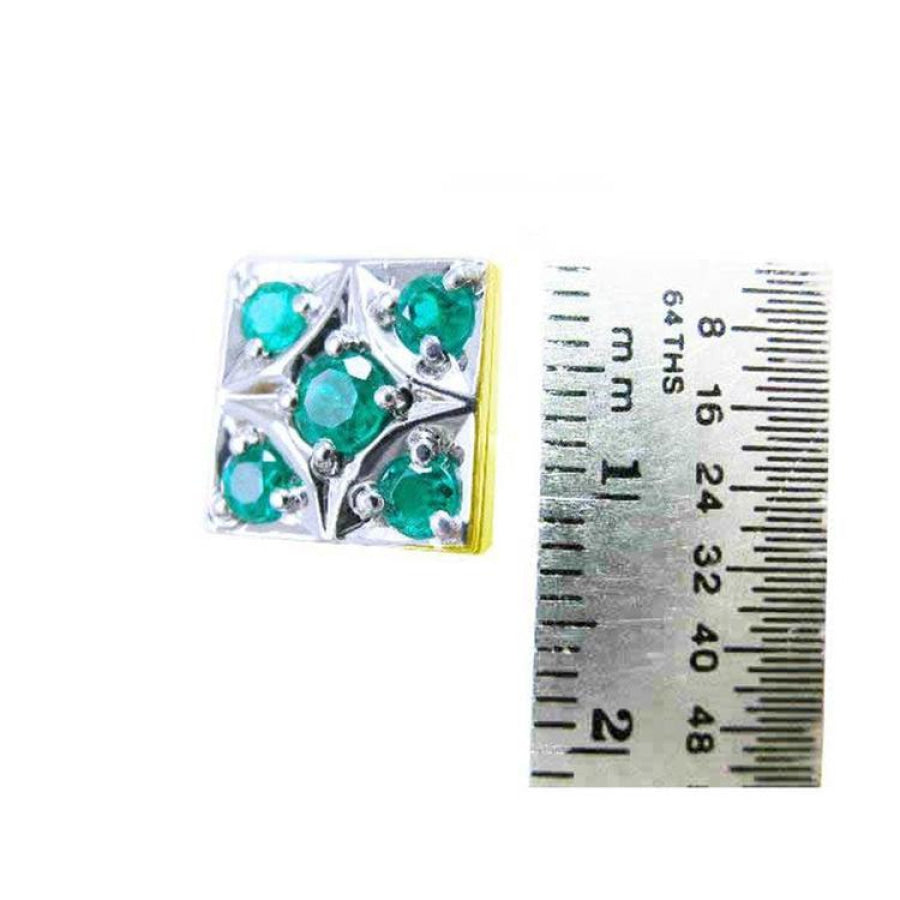 14K yellow gold cufflinks with five round emeralds, square design, shown next to a ruler.
