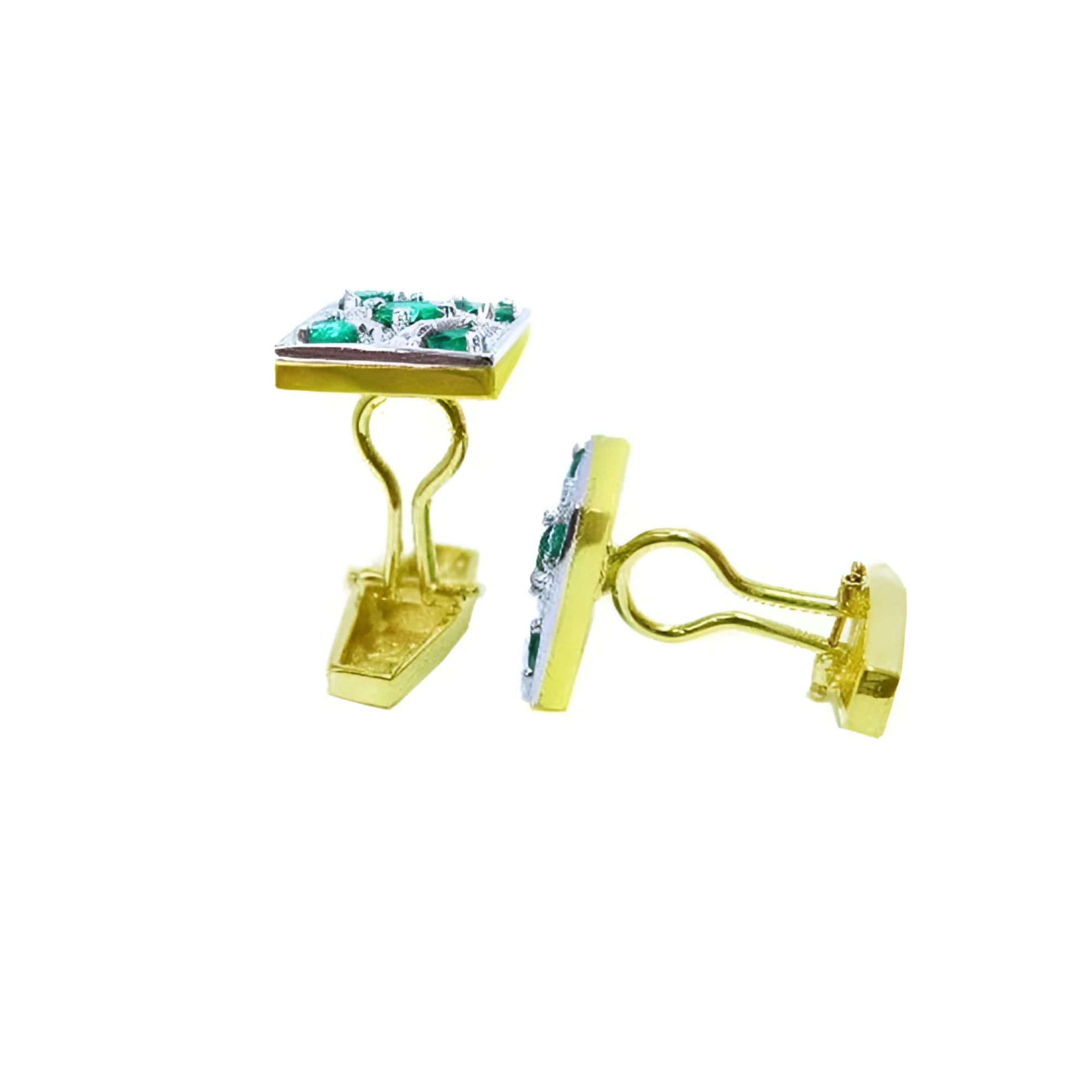 14K yellow gold May birthstone cufflinks with multiple round emeralds.