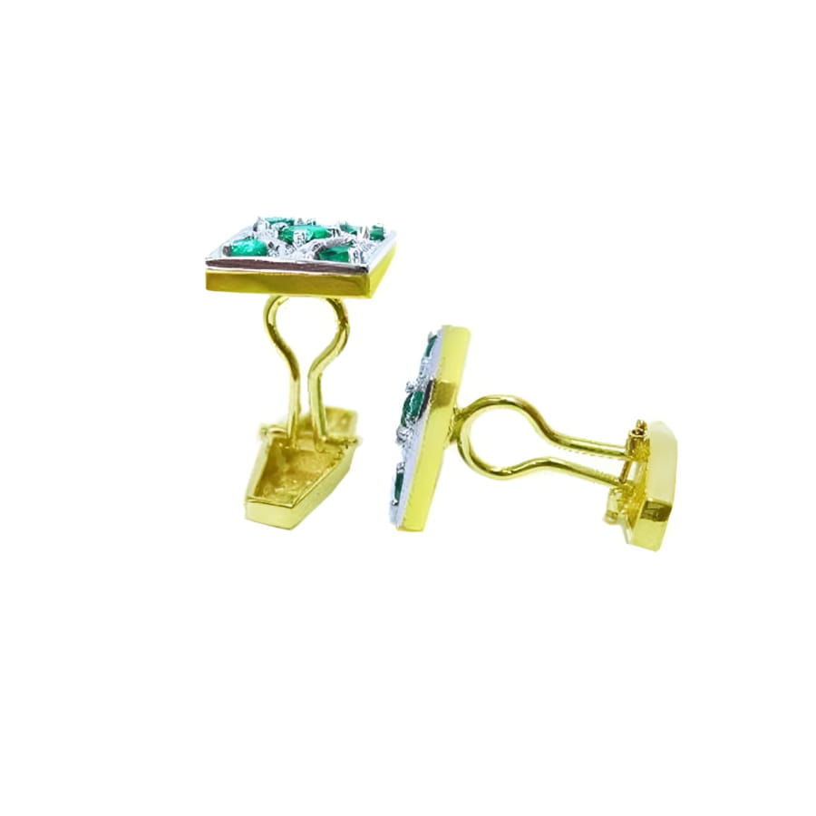 14K yellow gold May birthstone cufflinks with multiple round emeralds.