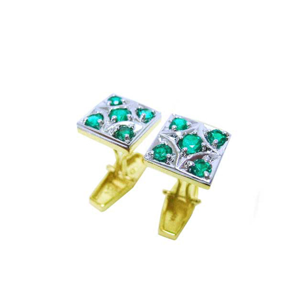 On the top five round cut genuine emeralds and downside profile on this pair of emerald cufflinks displayed.