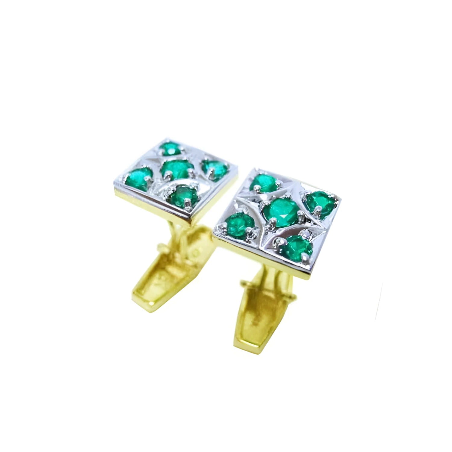 14K yellow gold cufflinks with square tops, each featuring five round emeralds and small diamonds.