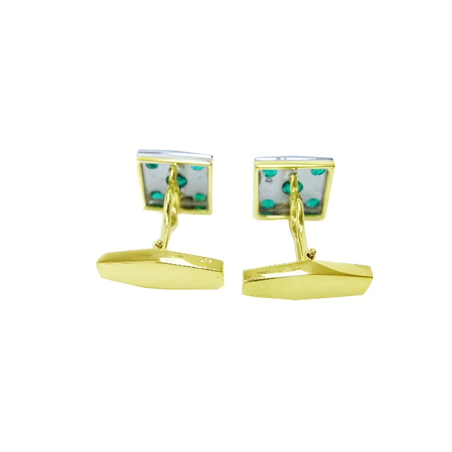 Pair of 14K yellow gold cufflinks with square tops featuring five round emeralds each.