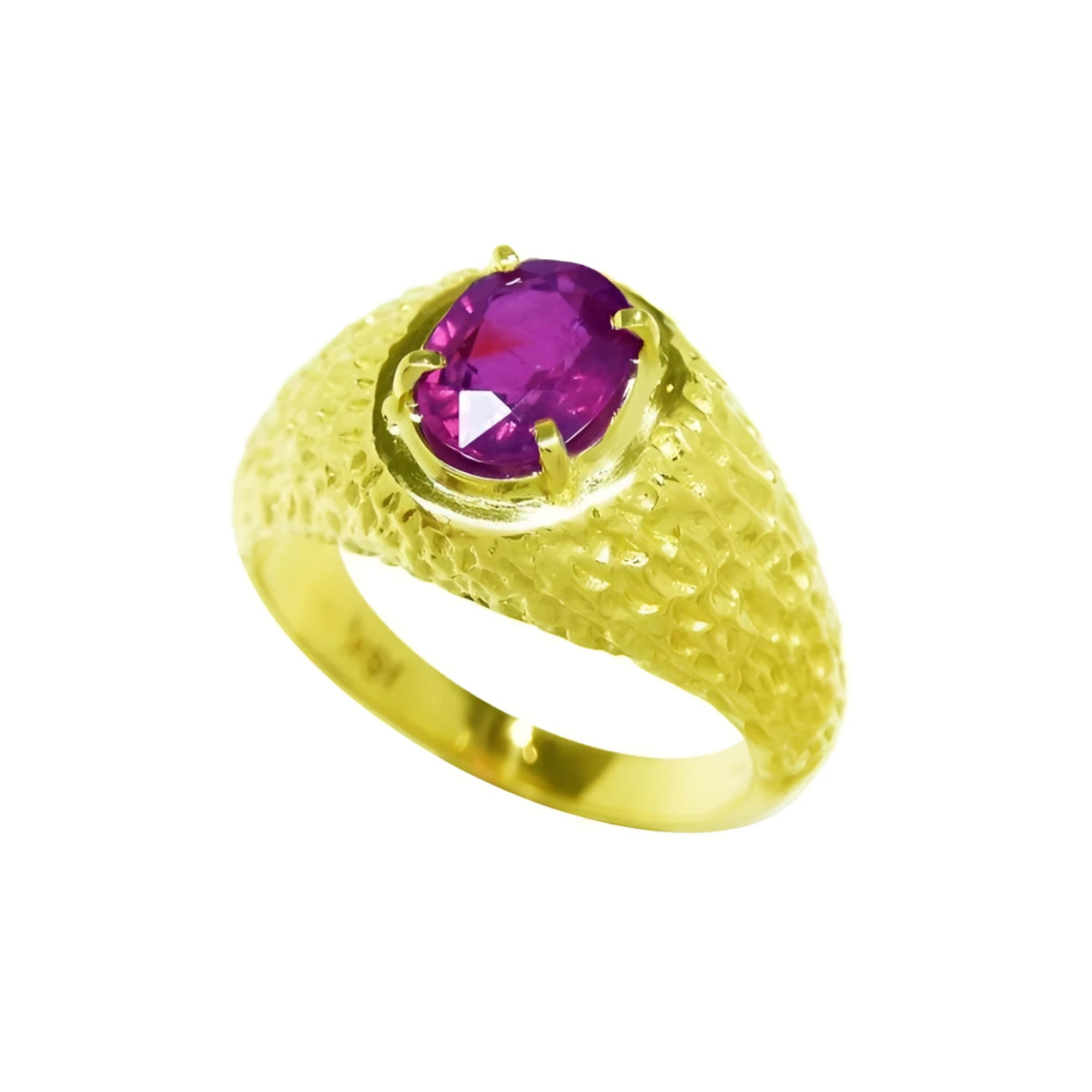 Men's 18K yellow gold ring with a sparkling pinkish-red oval cut Burma ruby, prong-set.
