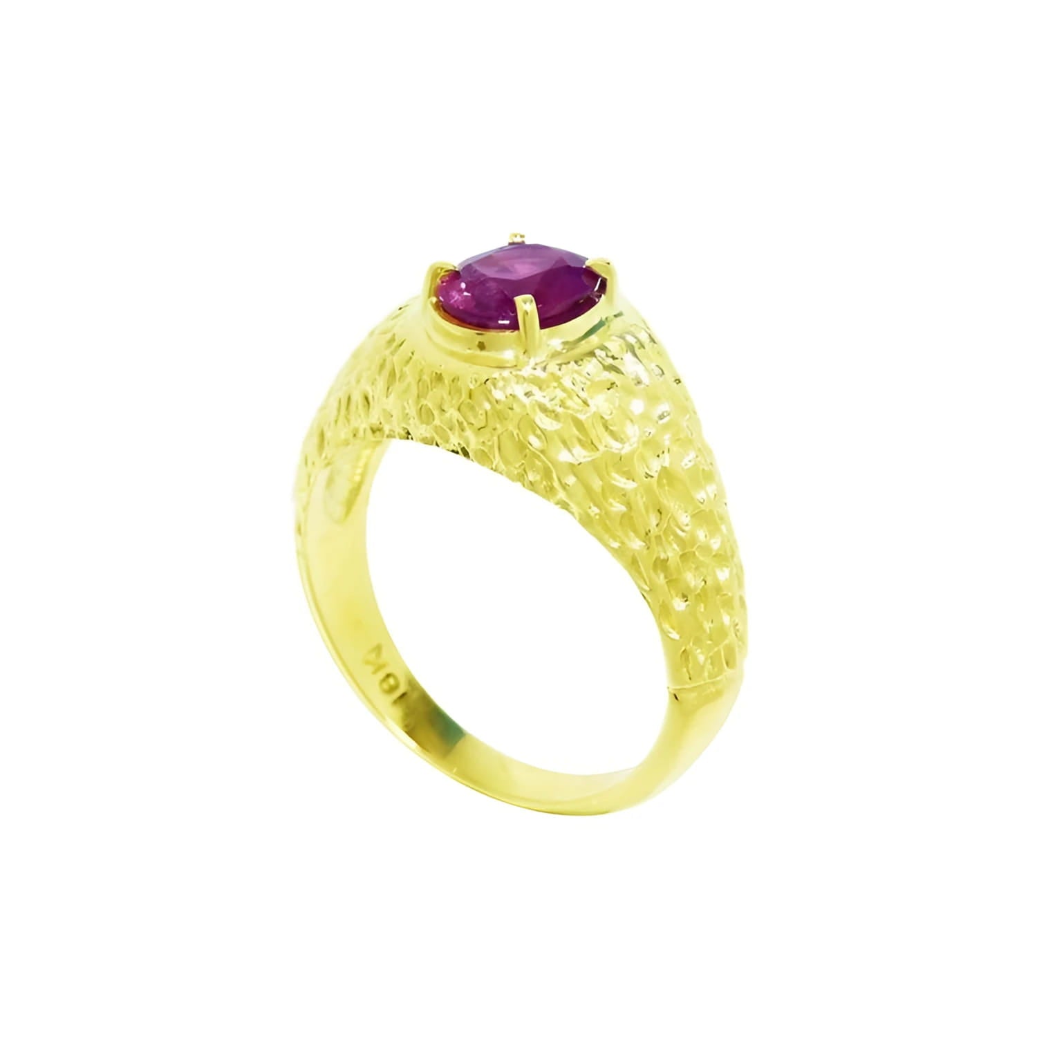 Men's 18K yellow gold ring with a solitaire oval pinkish-red Burma ruby, prong-set.