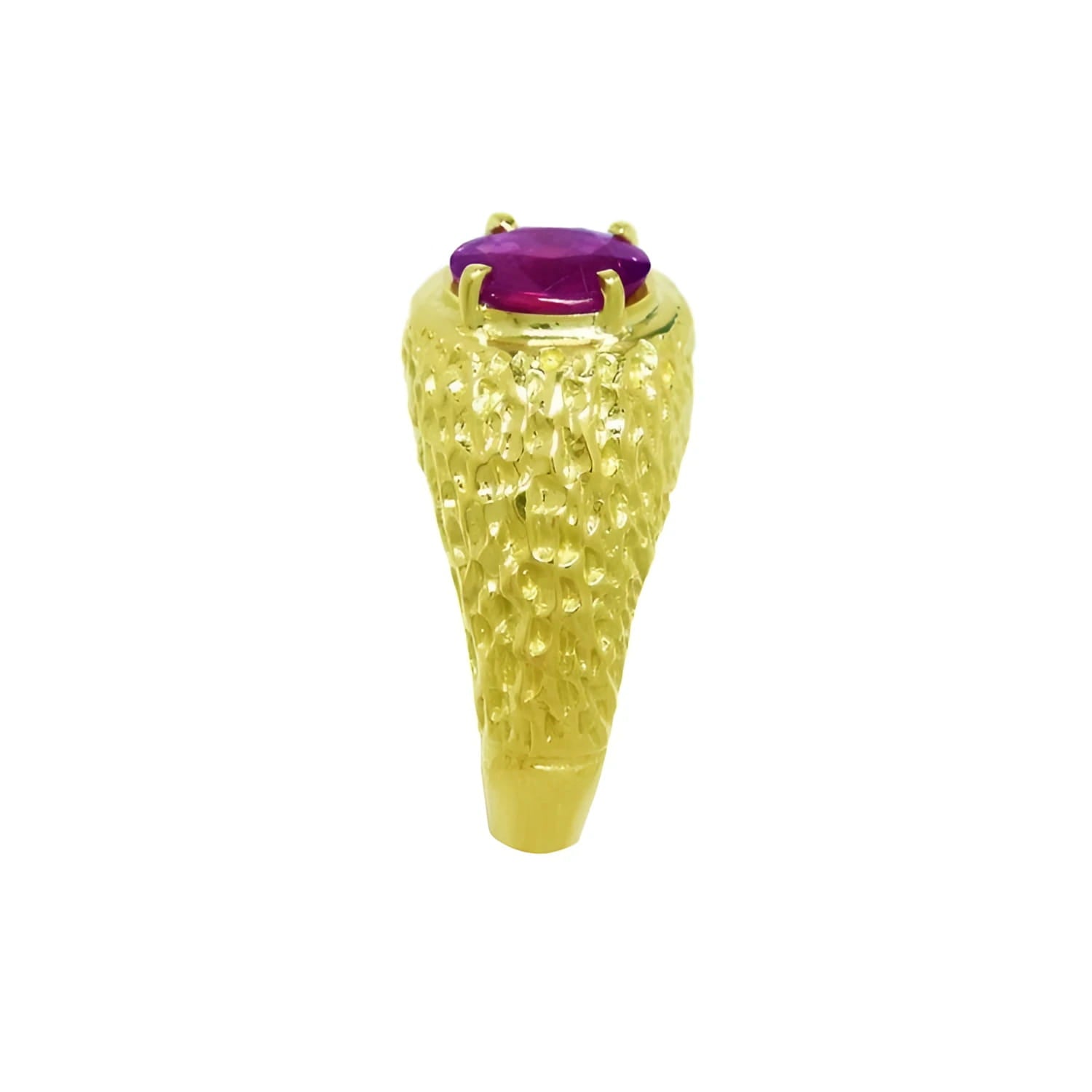 Men's 18K yellow gold ring with a solitaire oval-cut pinkish-red Burma ruby.