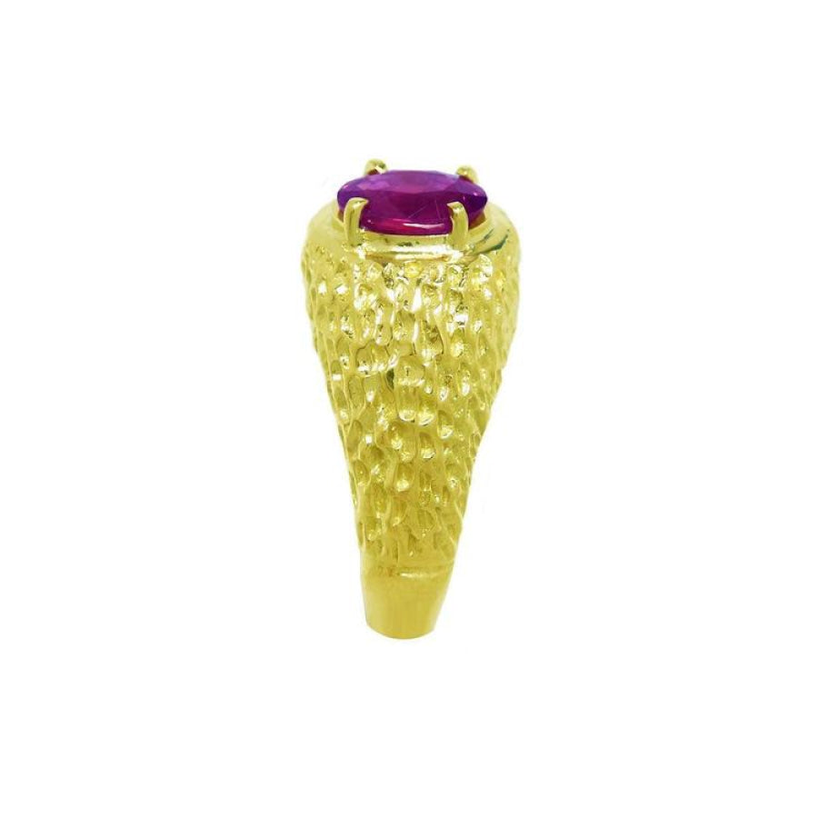 Men's 18K yellow gold ring with a solitaire oval-cut pinkish-red Burma ruby.