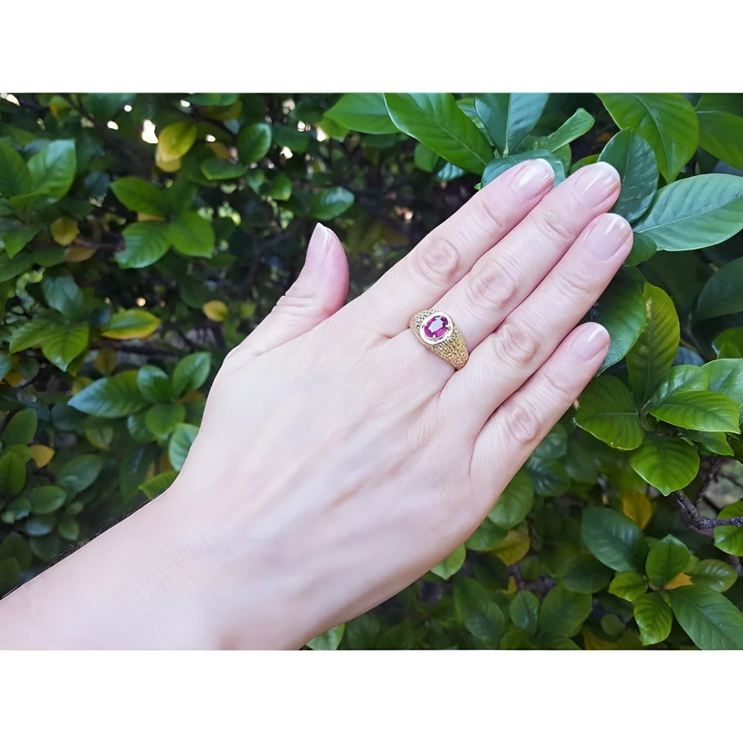 Men's 18K yellow gold ring with a prong-set oval pinkish-red Burma ruby.