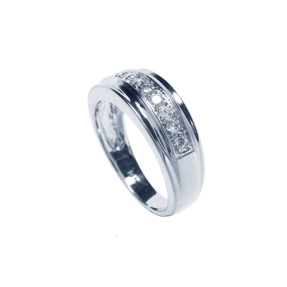 Natural diamond band ring for men in 14K white gold, half side displaying top and shank