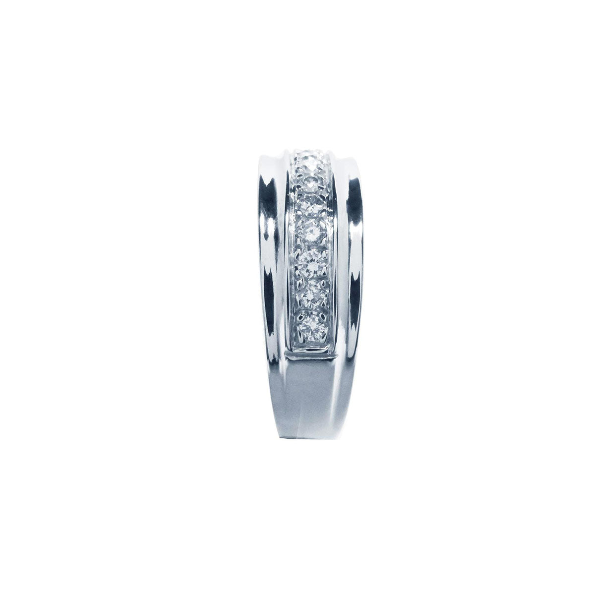 Natural diamond band ring for men in 14K white gold, side perspective top down shank