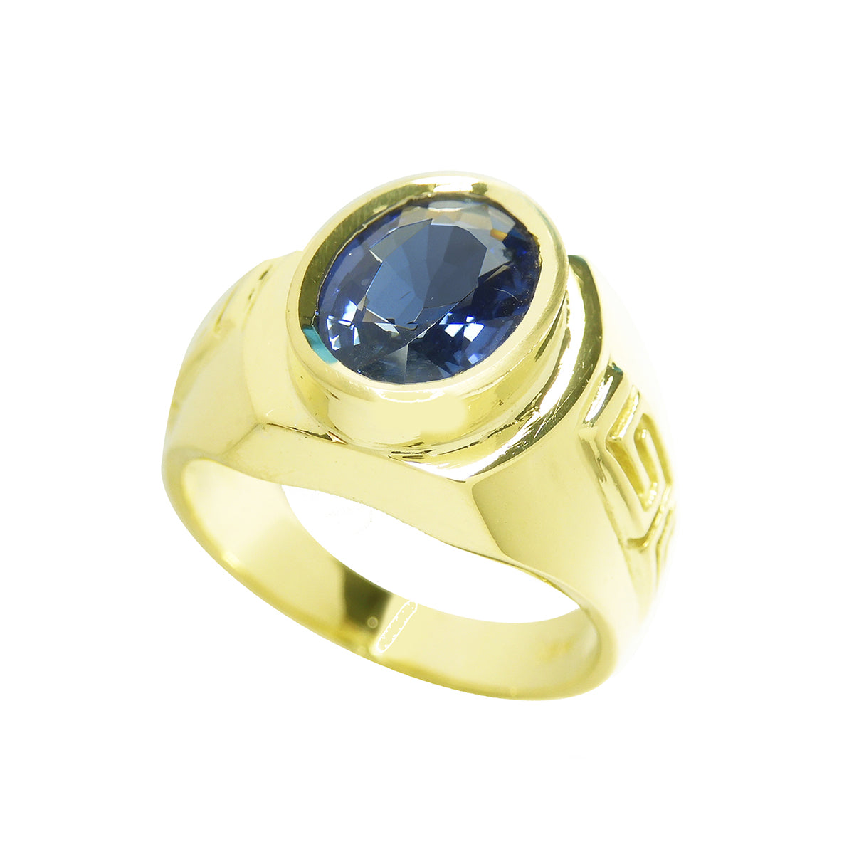 Men's genuine blue sapphire solitaire ring oval cut in 18K yellow gold, tilted top view perspective shoulders and shank