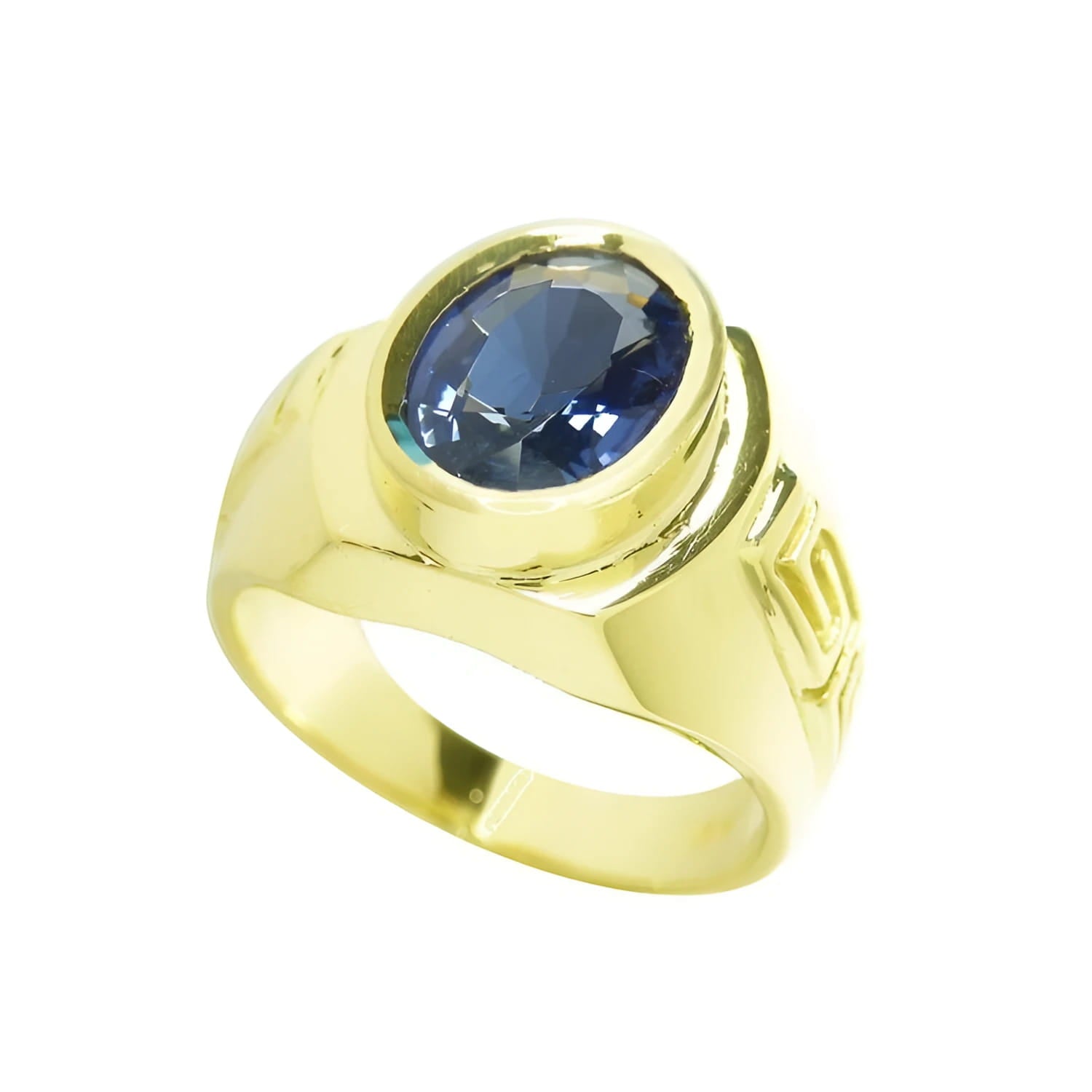 Men's 18K yellow gold ring with an oval-cut blue sapphire and Greek key design.