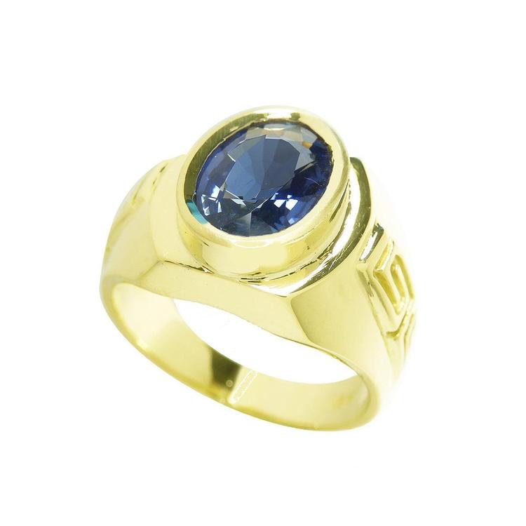 Men's genuine blue sapphire solitaire ring oval cut in 18K yellow gold, tilted top view perspective shoulders and shank
