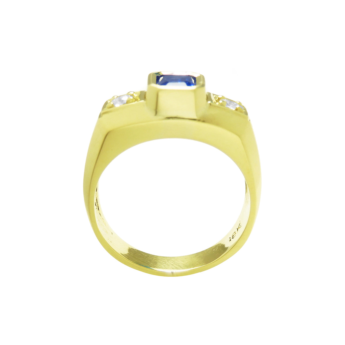 Natural Sapphire Ring for Men Bezel Set Side Round Cut Diamonds 14K Yellow Gold