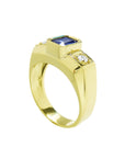 Natural Sapphire Ring for Men Bezel Set Side Round Cut Diamonds 14K Yellow Gold
