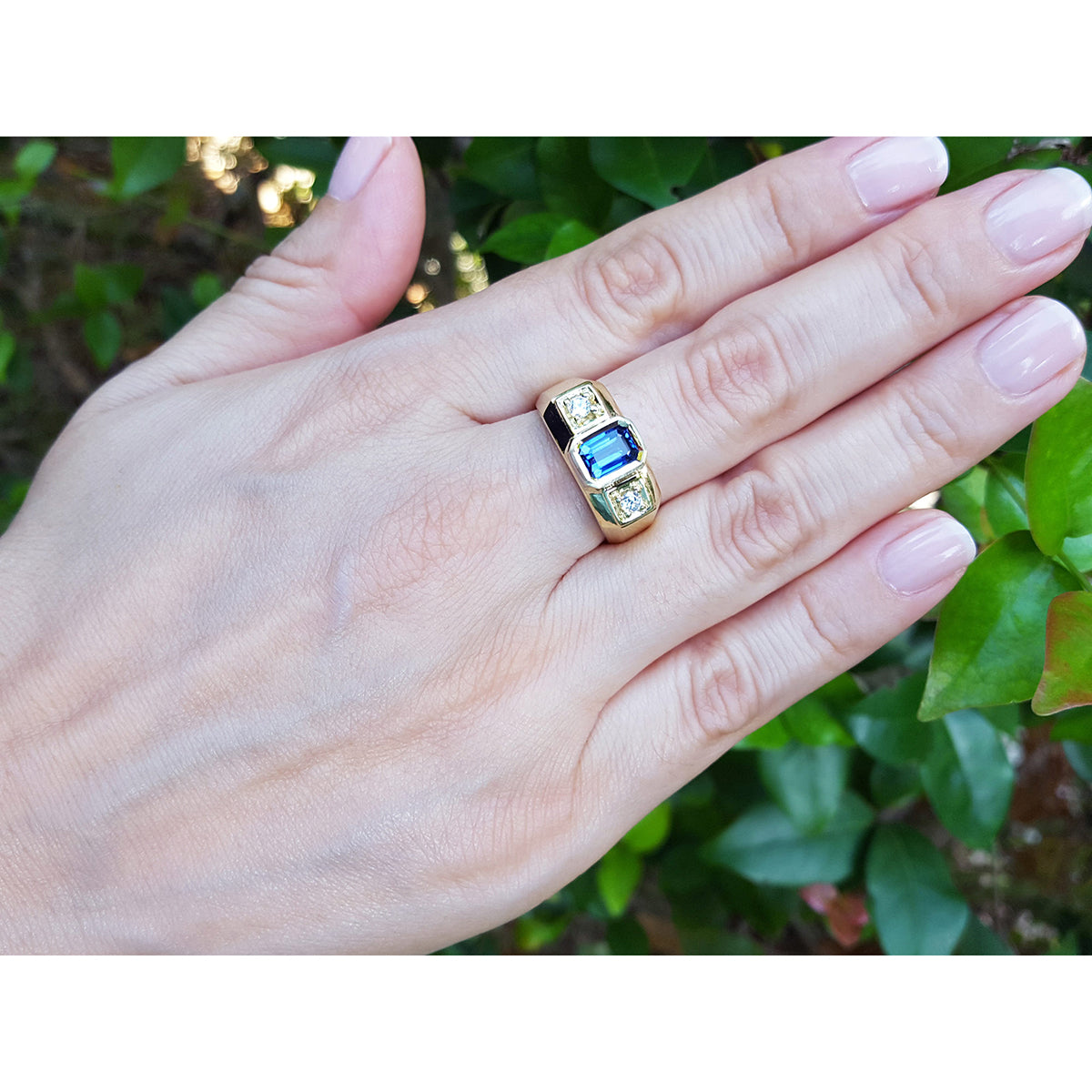 Natural Sapphire Ring for Men Bezel Set Side Round Cut Diamonds 14K Yellow Gold