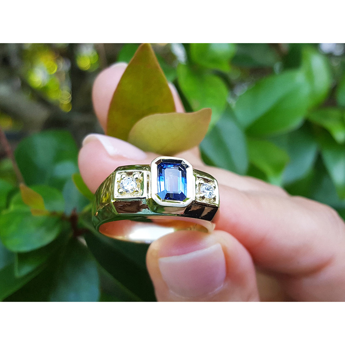 Natural Sapphire Ring for Men Bezel Set Side Round Cut Diamonds 14K Yellow Gold