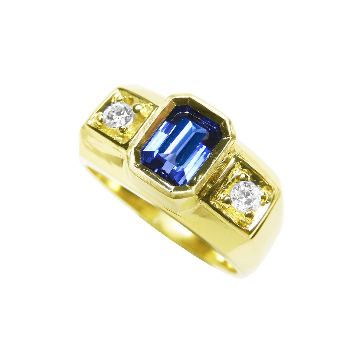 Natural Sapphire Ring for Men Bezel Set Side Round Cut Diamonds 14K Yellow Gold